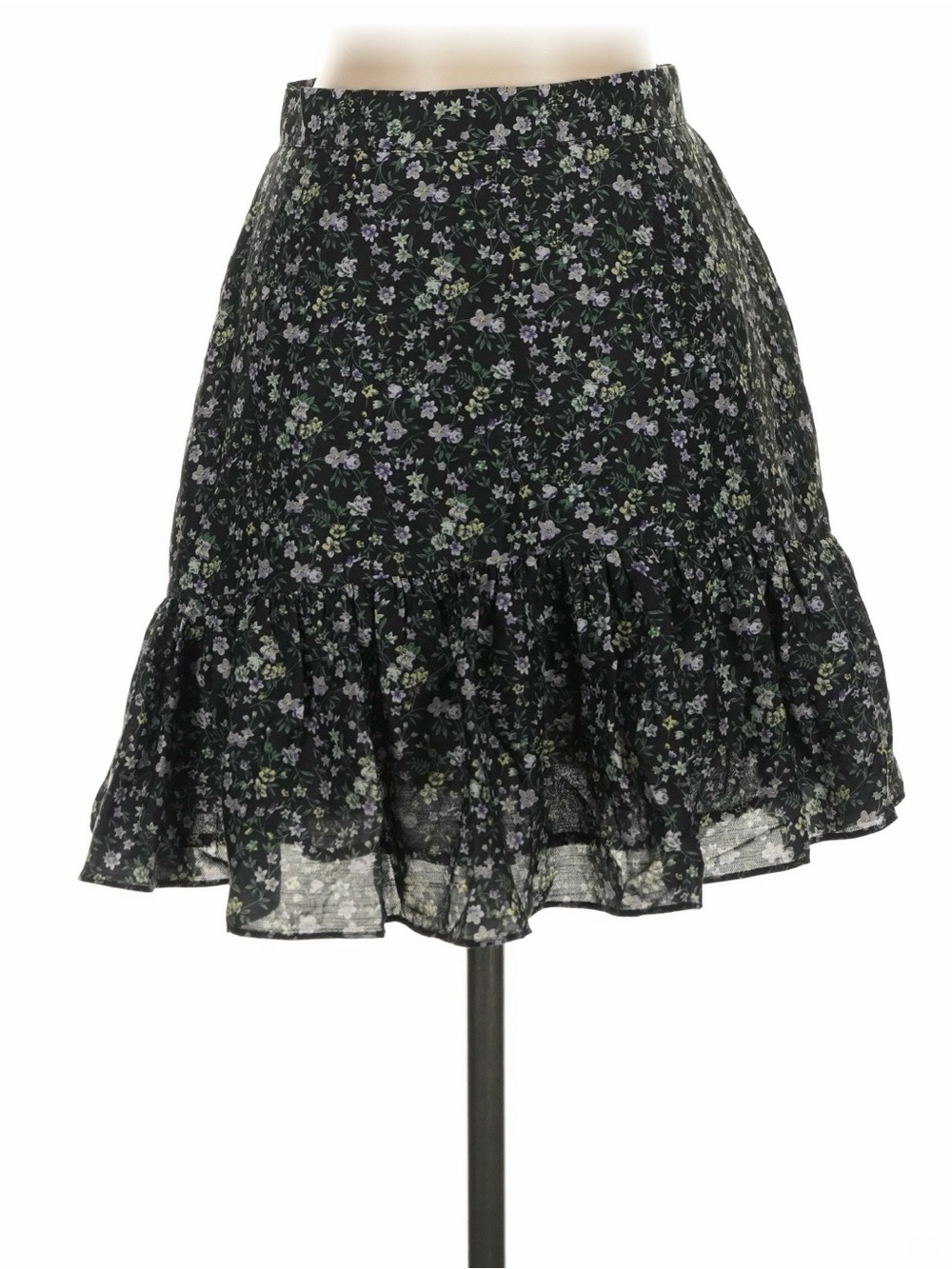 MINKPINK Black Floral Ruffle Skirt with Lavender and Green Accents
